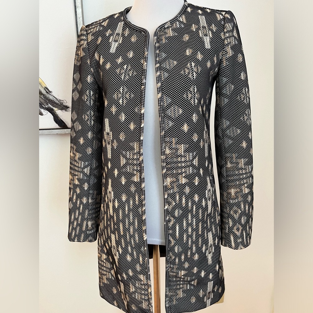 H&M Black/Tan Print Open Front Longer Length Career Jacket Size 2